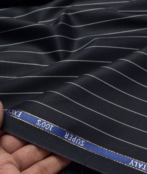 J.Hampstead Super 100's Striped 20% Merino Wool Suiting Fabric (Dark Navy Blue)
