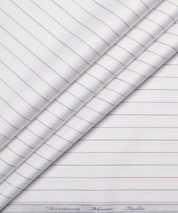 Tessitura Monti 2 Ply 70's Giza Cotton Striped Shirting Fabric (White & Maroon)