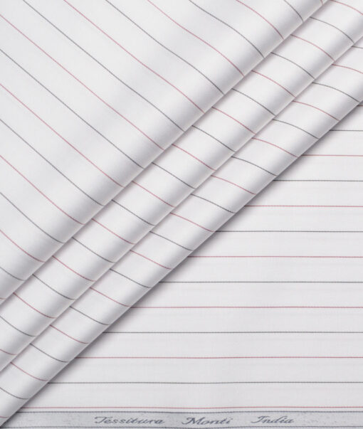 Tessitura Monti 2 Ply 70's Giza Cotton Striped Shirting Fabric (White & Maroon)