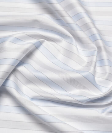Tessitura Monti 2 Ply 70's Giza Cotton Striped Shirting Fabric (White & Sky Blue)