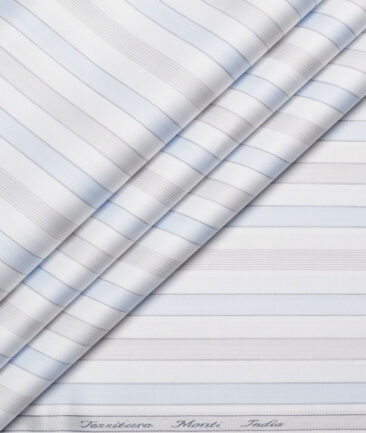 Tessitura Monti 2 Ply 70's Giza Cotton Striped Shirting Fabric (White & Sky Blue)