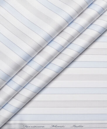 Tessitura Monti 2 Ply 70's Giza Cotton Striped Shirting Fabric (White & Sky Blue)