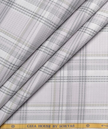 Soktas  Giza Cotton Checks Shirting Fabric (White & Grey)