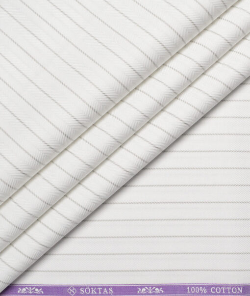 Soktas  Giza Cotton Striped Shirting Fabric (White & Grey)