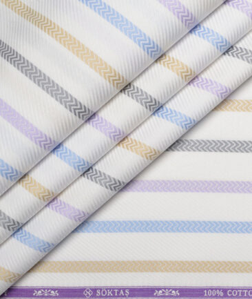 Soktas  Giza Cotton Striped Shirting Fabric (White & Purple)