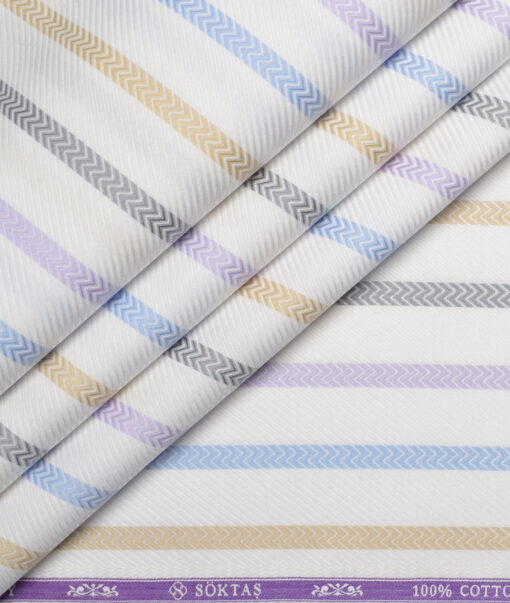 Soktas  Giza Cotton Striped Shirting Fabric (White & Purple)