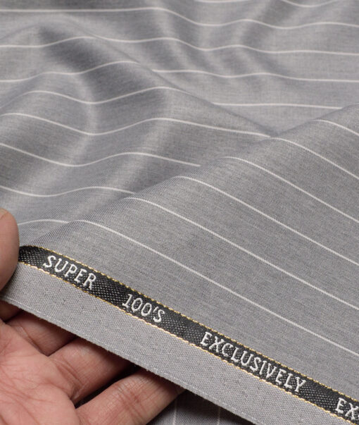 J.Hampstead Super 100's Striped 20% Merino Wool Suiting Fabric (Light Grey)