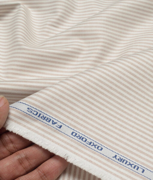 Premier Mills  Cotton Striped Shirting Fabric (White & Light Brown)
