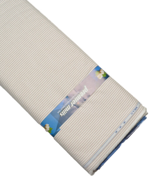 Premier Mills  Cotton Striped Shirting Fabric (White & Light Brown)