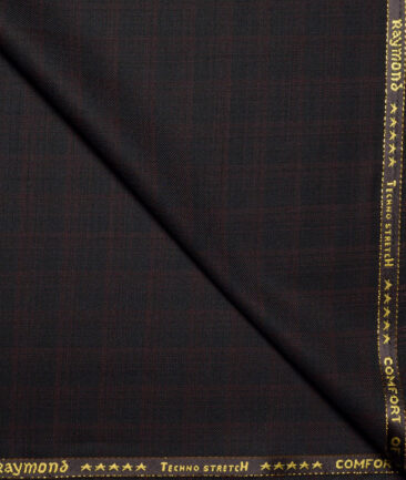 Raymond Exotic Super 100's Checks 52% Merino Wool Stretchable Suiting Fabric (Black & Wine)