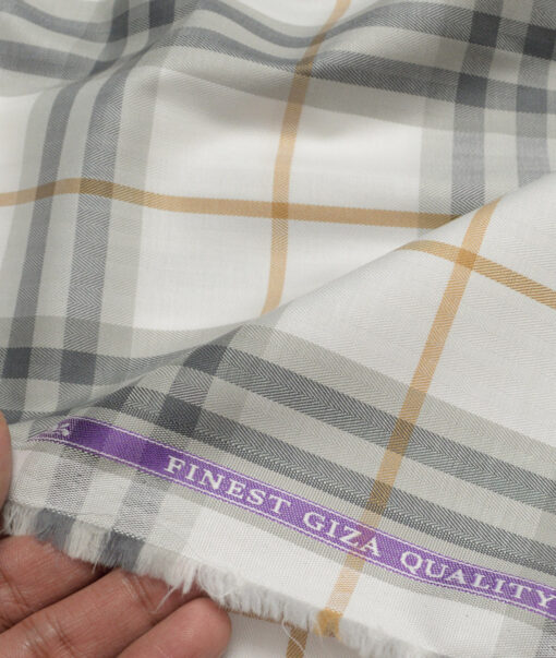 Soktas  Giza Cotton Checks Shirting Fabric (White & Grey)