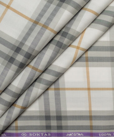 Soktas  Giza Cotton Checks Shirting Fabric (White & Grey)