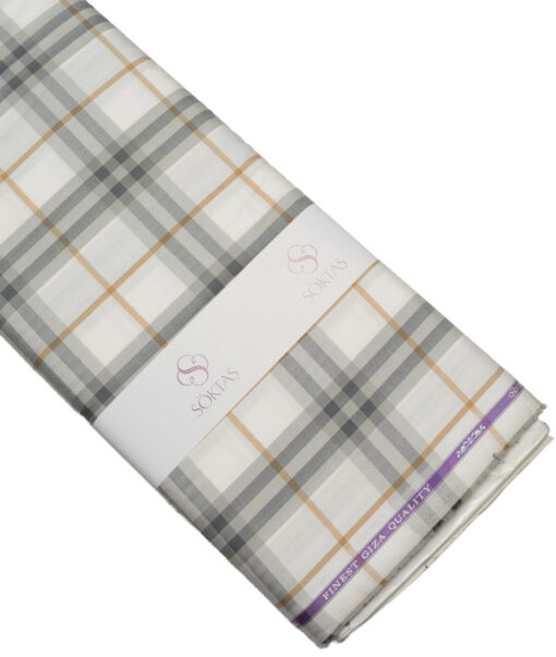 Soktas  Giza Cotton Checks Shirting Fabric (White & Grey)