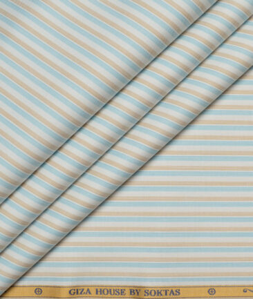 Soktas  Giza Cotton Striped Shirting Fabric (White & Brown)