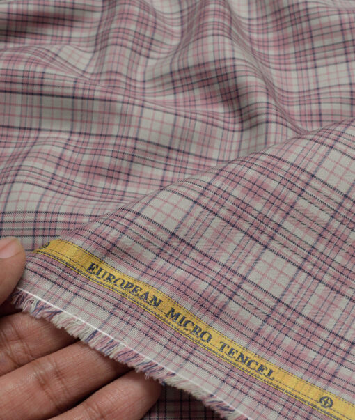 Soktas  Cotton Tencel Checks Shirting Fabric (Light Brown & Pink)