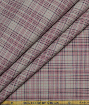 Soktas  Cotton Tencel Checks Shirting Fabric (Light Brown & Pink)