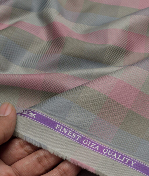 Soktas  Giza Cotton Checks Shirting Fabric (Grey & Pink)