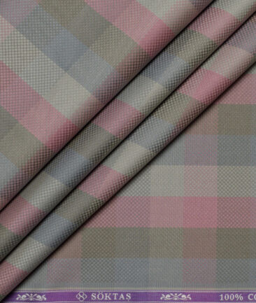Soktas  Giza Cotton Checks Shirting Fabric (Grey & Pink)