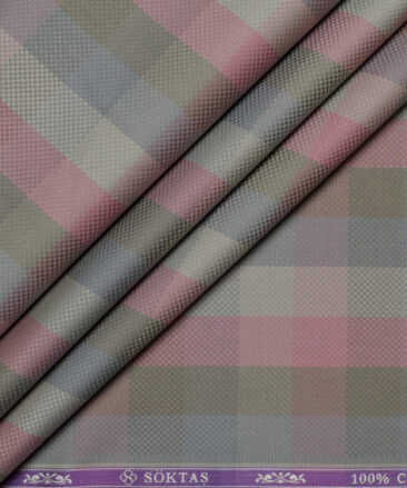 Soktas  Giza Cotton Checks Shirting Fabric (Grey & Pink)