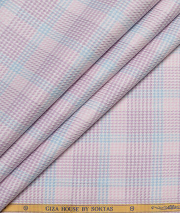 Soktas  Giza Cotton Checks Shirting Fabric (White & Purple)