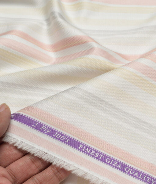 Soktas 2 Ply 100's Giza Cotton Striped Shirting Fabric (White & Pink)