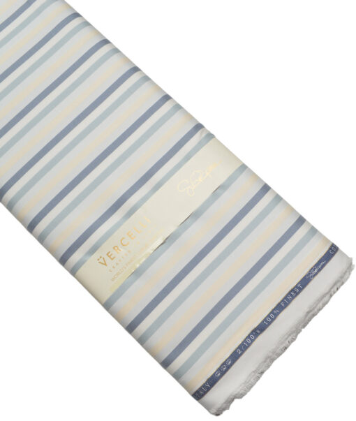 Vercelli Italy 2 Ply 100's Supima Cotton Striped Shirting Fabric (White & Blue)
