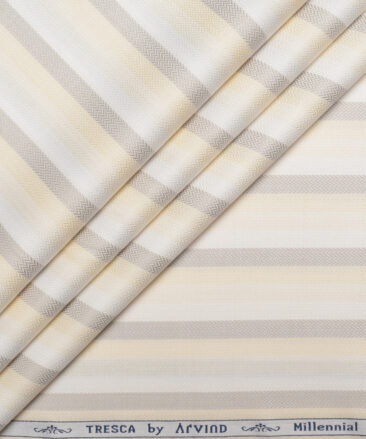 Tresca by Arvind  Cotton Striped Shirting Fabric (White & Beige)