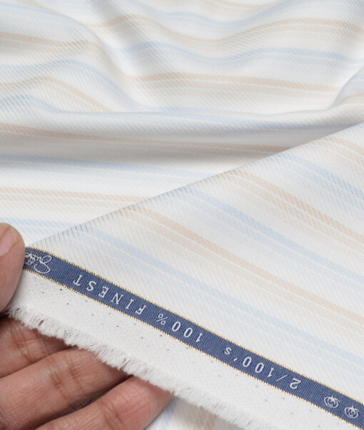 Vercelli Italy 2 Ply 100's Supima Cotton Striped Shirting Fabric (White & Blue)