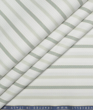 Vercelli Italy 2 Ply 100's Supima Cotton Striped Shirting Fabric (White & Green)