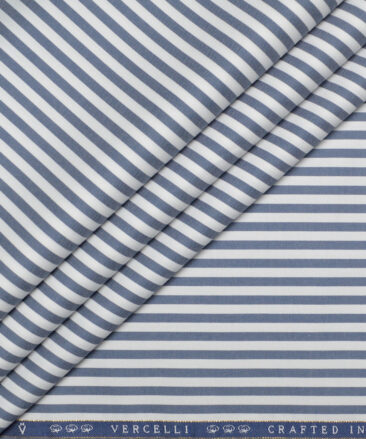 Vercelli Italy 2 Ply 100's Supima Cotton Striped Shirting Fabric (White & Greyish Blue)