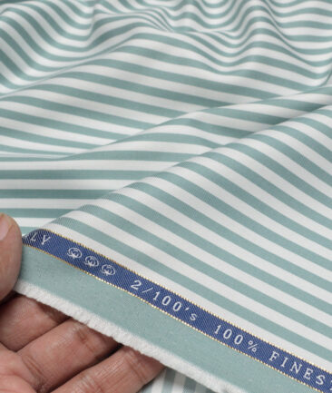 Vercelli Italy 2 Ply 100's Supima Cotton Striped Shirting Fabric (White & Teal Green)