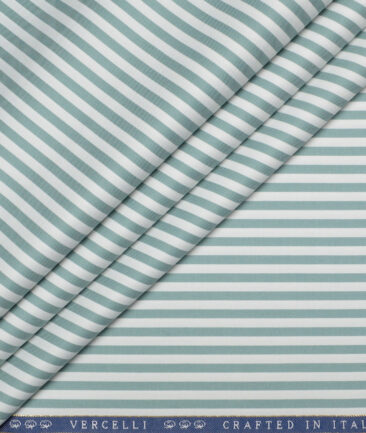 Vercelli Italy 2 Ply 100's Supima Cotton Striped Shirting Fabric (White & Teal Green)