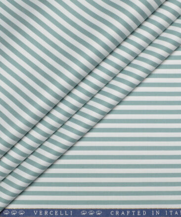 Vercelli Italy 2 Ply 100's Supima Cotton Striped Shirting Fabric (White & Teal Green)