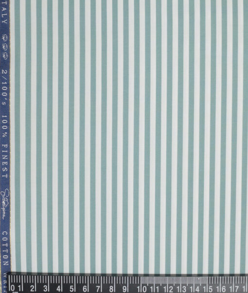 Vercelli Italy 2 Ply 100's Supima Cotton Striped Shirting Fabric (White & Teal Green)