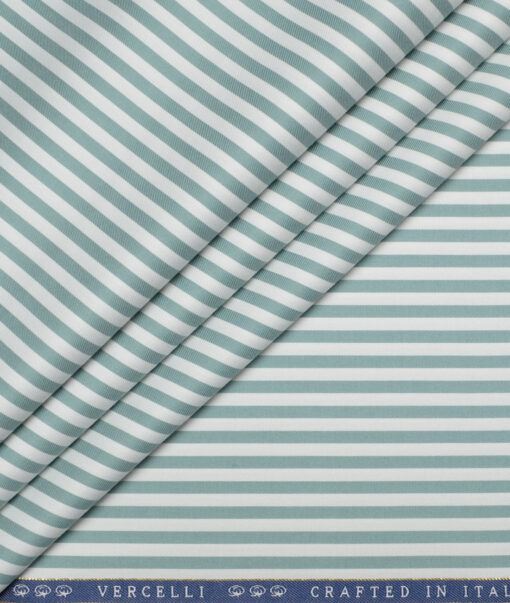 Vercelli Italy 2 Ply 100's Supima Cotton Striped Shirting Fabric (White & Teal Green)