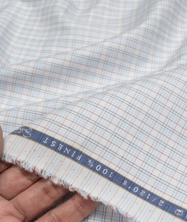 Vercelli Italy 2 Ply 120's Supima Cotton Checks Shirting Fabric (White & Sky Blue)