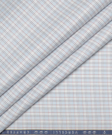Vercelli Italy 2 Ply 120's Supima Cotton Checks Shirting Fabric (White & Sky Blue)