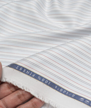Vercelli Italy 2 Ply 120's Supima Cotton Striped Shirting Fabric (White & Sky Blue)