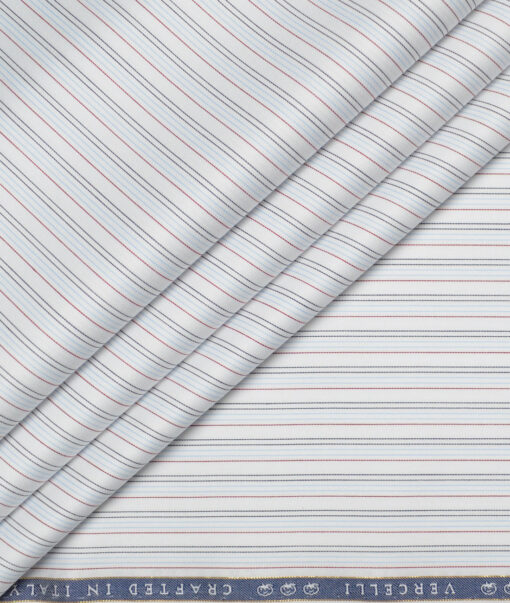 Vercelli Italy 2 Ply 120's Supima Cotton Striped Shirting Fabric (White & Sky Blue)