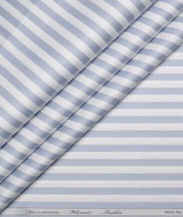 Tessitura Monti 2 Ply 70's Giza Cotton Striped Shirting Fabric (White & Blue)