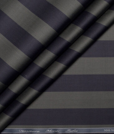 Tessitura Monti 2 Ply 70's Giza Cotton Striped Shirting Fabric (Navy Blue & Green)