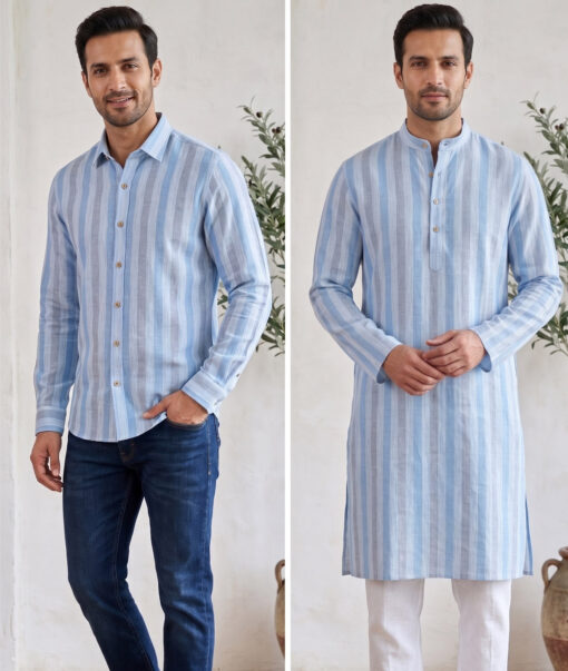 Linen Club 60 LEA European Linen Striped Shirting Fabric (Blue) - Image 2