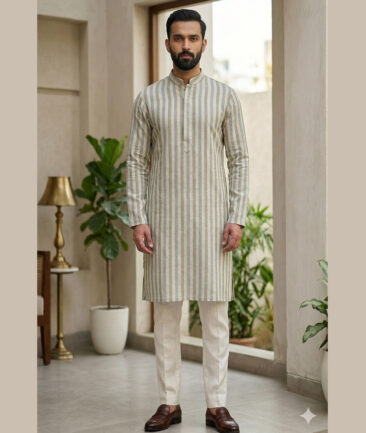 Leggiuno italy 60 LEA Italian Linen Striped Shirting Fabric (Natural Beige & Green) - Image 2