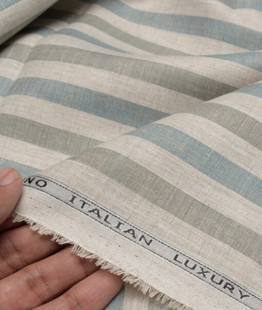 Leggiuno italy 60 LEA Italian Linen Striped Shirting Fabric (Natural Beige & Green)