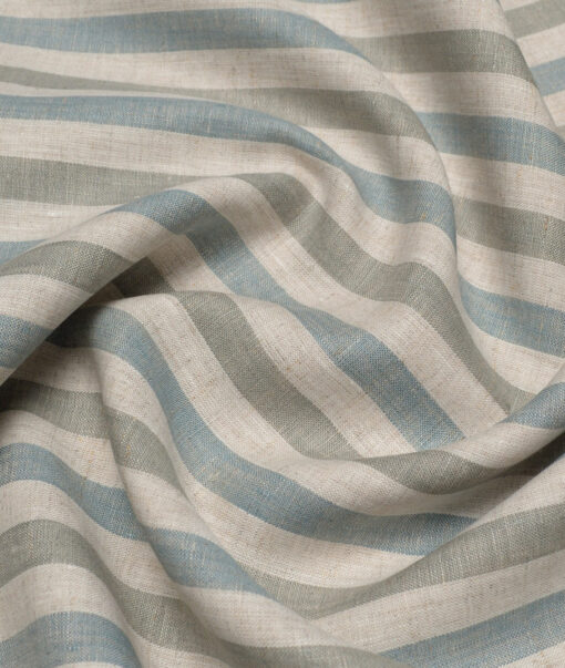 Leggiuno italy 60 LEA Italian Linen Striped Shirting Fabric (Natural Beige & Green)