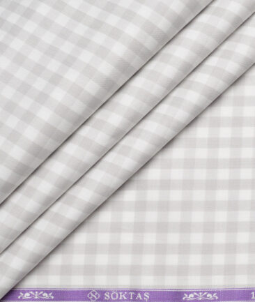 Soktas  Giza Cotton Checks Shirting Fabric (White & Grey)