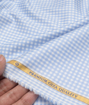 Soktas  Giza Cotton Checks Shirting Fabric (White & Blue)