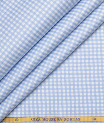 Soktas  Giza Cotton Checks Shirting Fabric (White & Blue)