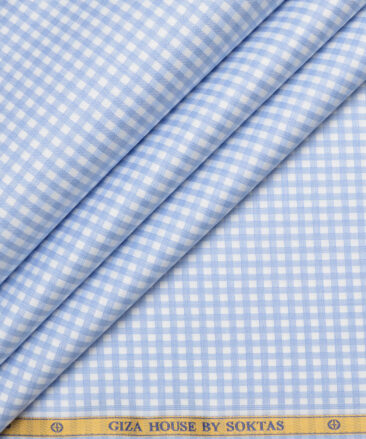 Soktas  Giza Cotton Checks Shirting Fabric (White & Blue)