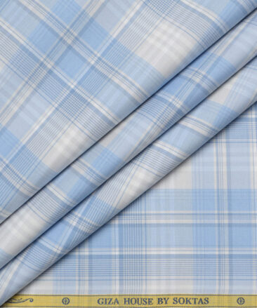 Soktas  Cotton Tencel Checks Shirting Fabric (White & Blue)